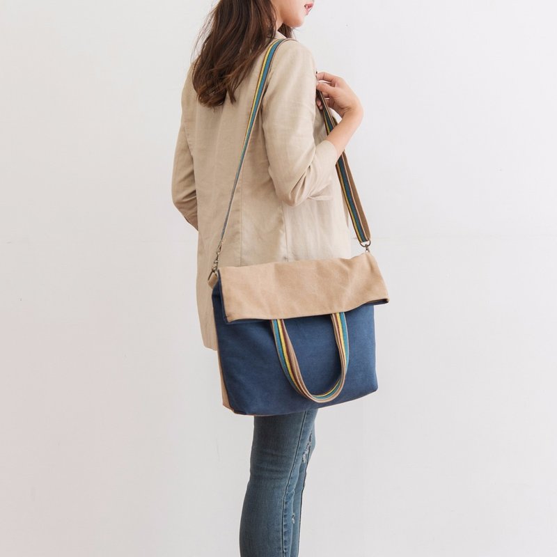 Navy Handbags totes Canvas Messenger Shoulder Bag - 手袋/手提包 - 棉．麻 藍色