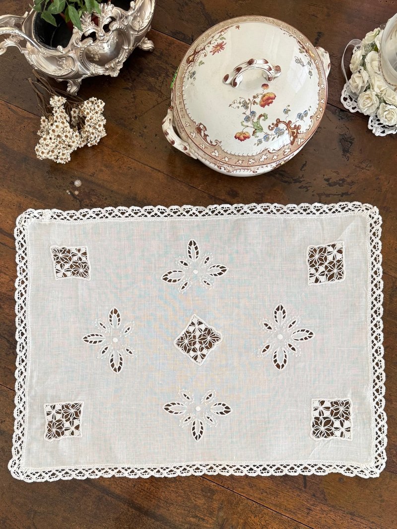 50014-Elegant French antique handmade embroidered ace placemat - Place Mats & Dining Décor - Cotton & Hemp 