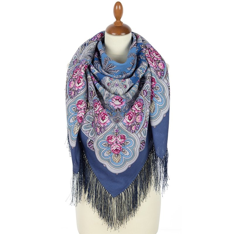 Pavlovo Posad Russian Shawl 100% Wool Scarf 125x125 cm Wrap Silk Fringe 2016-14 - 絲巾 - 羊毛 藍色