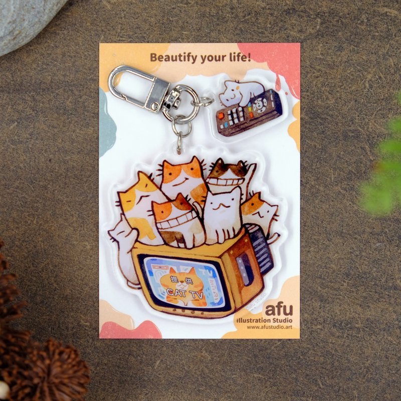 afu illustration Acrylic keychain/double pendant-Chasing Drama Cat - ที่ห้อยกุญแจ - อะคริลิค หลากหลายสี