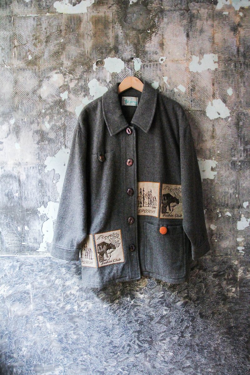 裊裊百貨公司-Vintage 義大利灰色動物布章毛呢大衣外套 復古著 - 外套/大衣 - 其他人造纖維 