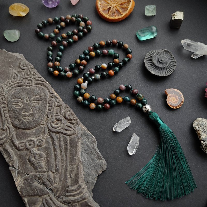 Ocean Bliss Mala - 108 beads Japa, Ocean Agate and Heliotrope with Silver - Long Necklaces - Semi-Precious Stones Multicolor