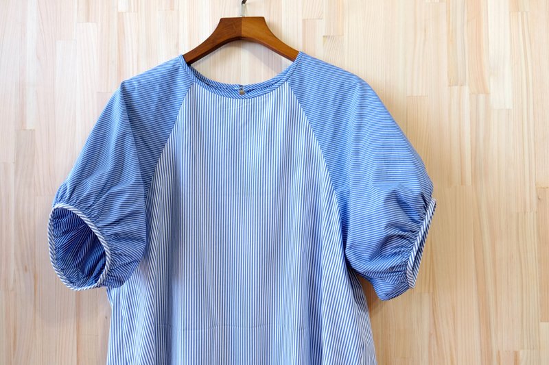 Lachlan puff sleeve top/blue stripe patchwork - Women's Tops - Cotton & Hemp Blue