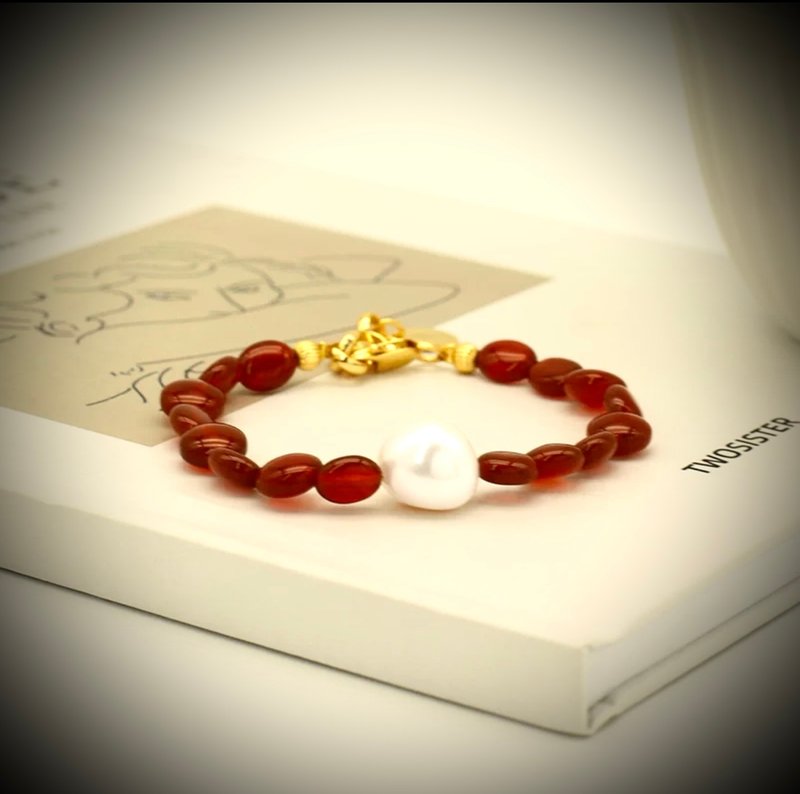 C&W natural raw mineral wine red Stone Japanese natural freshwater large particle special-shaped pearl temperament bracelet - Bracelets - Jade Gold