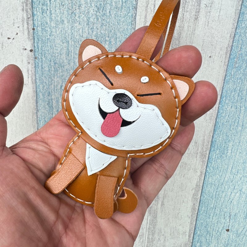 Healing gadgets handmade leather brown Shiba Inu dog pure hand-stitched leather keychain small size - Keychains - Genuine Leather Brown