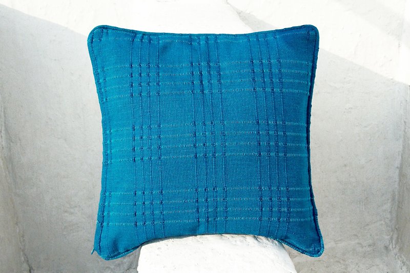 Valentine's Day gift a rapid arrival limited handloom pillow cover / cotton pillow cover / Plaid pillow cover / pillow cover hand-print - hand-woven blue plaid - Pillows & Cushions - Cotton & Hemp Blue