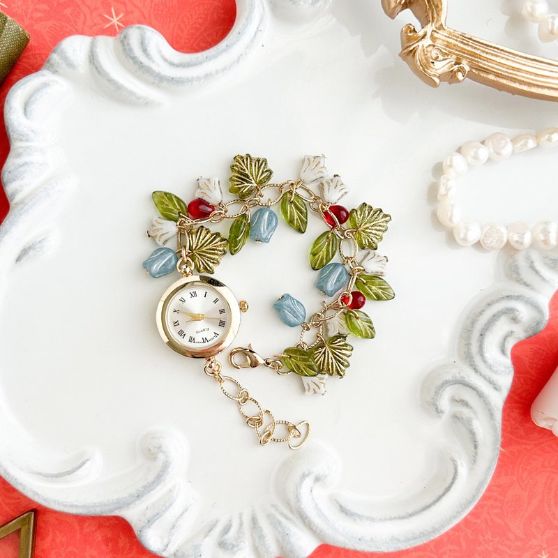 [Christmas Limited Edition] Eve / Czech Bead Christmas Wreath Bracelet Watch LI206 [Christmas Wrapping] - นาฬิกาผู้หญิง - โลหะ สีเขียว