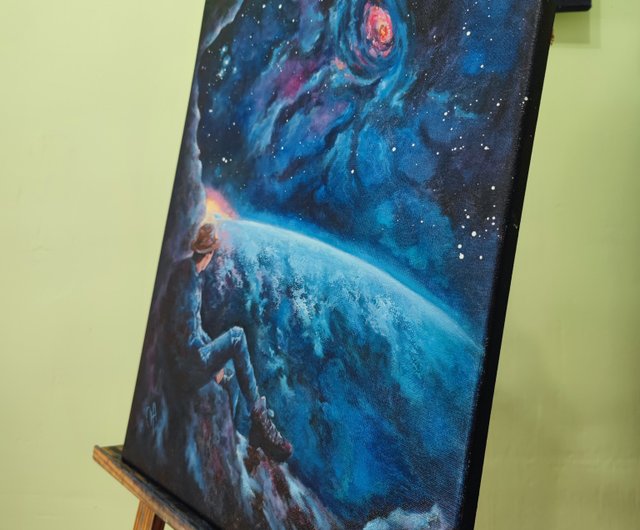油絵 宇宙と二人きり 空間。天の川。ファンタジー。シュル