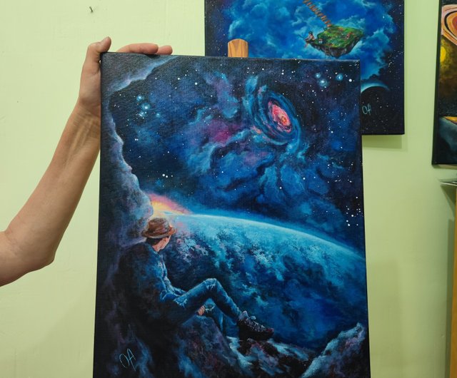 油絵 宇宙と二人きり 空間。天の川。ファンタジー。シュル