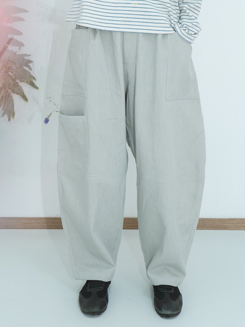 天然植物染百搭無束縛松緊抽繩舒適造型工裝多口袋長褲 - 女長褲 - 棉．麻 灰色