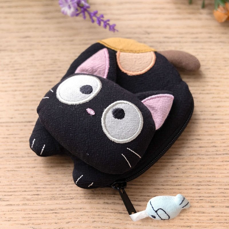 Small black cat three-dimensional shape cotton change/earphones/small storage bag【820378】 - Wallets - Cotton & Hemp Black