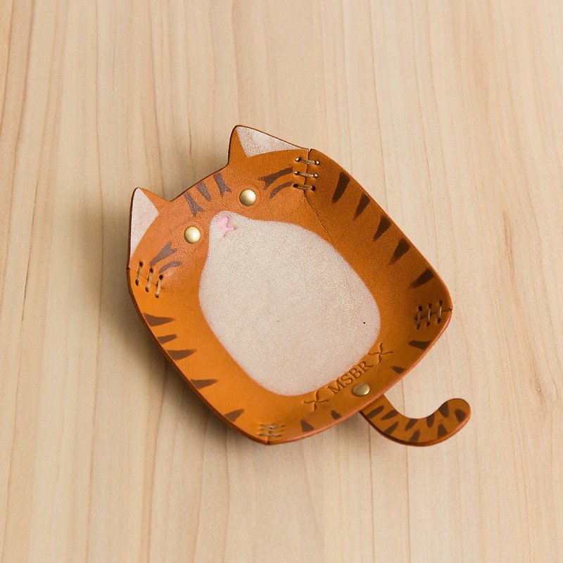 Hand-painted leather storage tray (tabby cat) - จานเล็ก - หนังแท้ สีส้ม