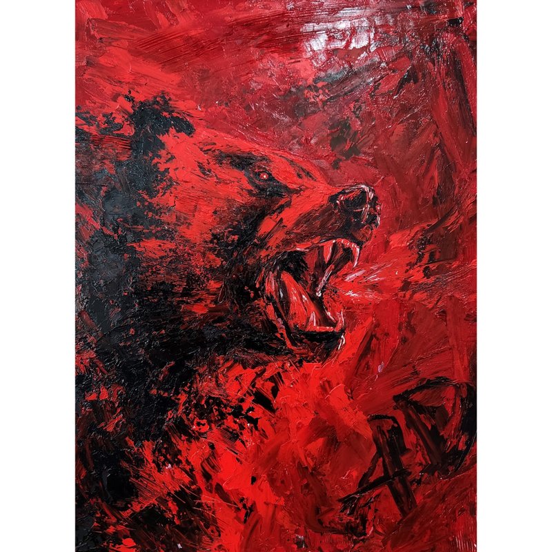 Original painting Red bear with oil paints on cardboard - 海報/掛畫/掛布 - 其他材質 紅色