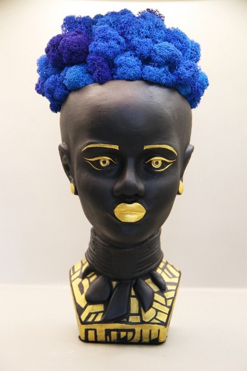 Moss Art Gift African Women Bust Acrylic Painted Black Statue - Pottery & Ceramics - Pottery Black