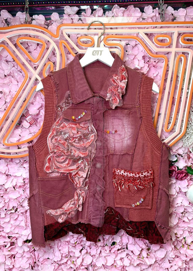 OTT One-of-a-Kind • Unique Japanese-Style Velvet Embroidery, Beading, Hand-Crocheted Lace, Washed Denim Vest Jacket - Women's Casual & Functional Jackets - Wool Red