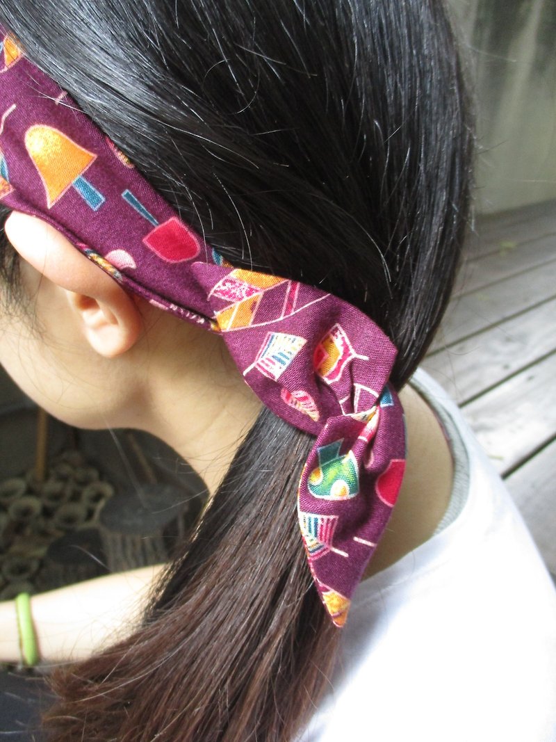 轉轉髮帶(手工)-領結耳-森林葉紫 - 髮飾 - 棉．麻 紫色