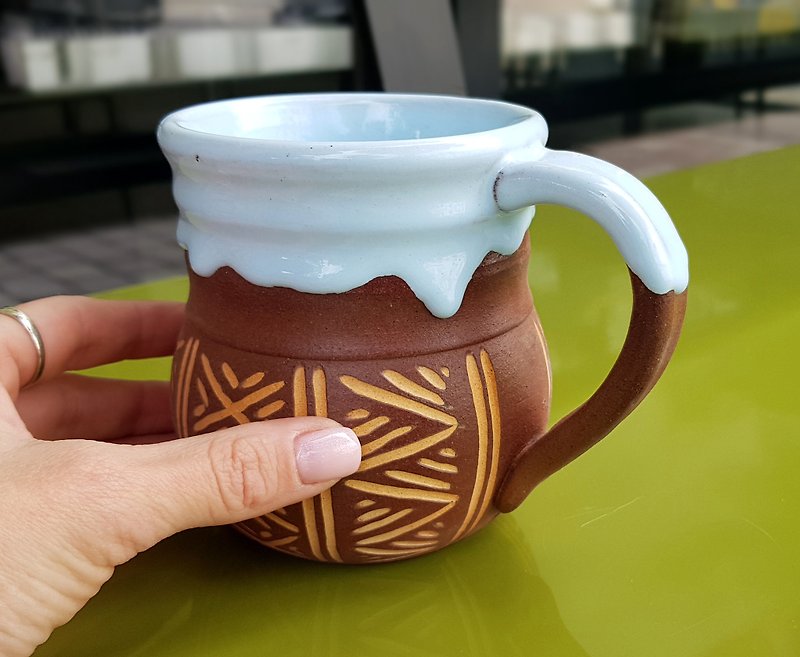 Ceramic mug 350 ml Vyshyvanka Made in Ukraine Pottery cup - Cups - Clay Blue