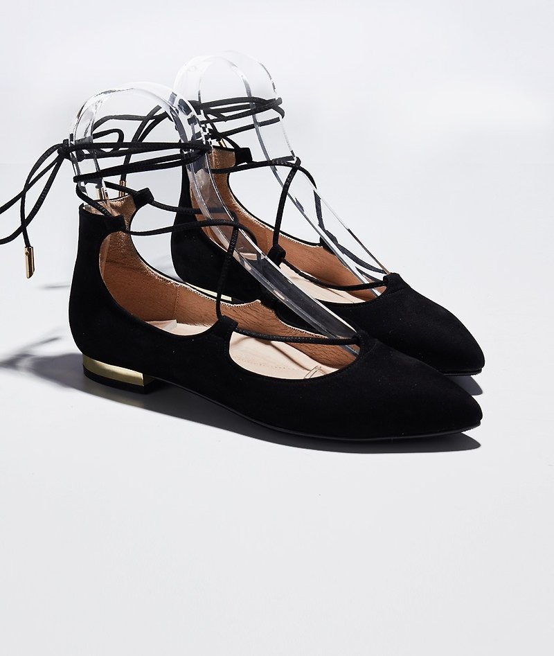 [French flirting] 踝 踝 strap with pointed metal and flat shoes _ swan black - รองเท้าบูทสั้นผู้หญิง - หนังแท้ สีดำ