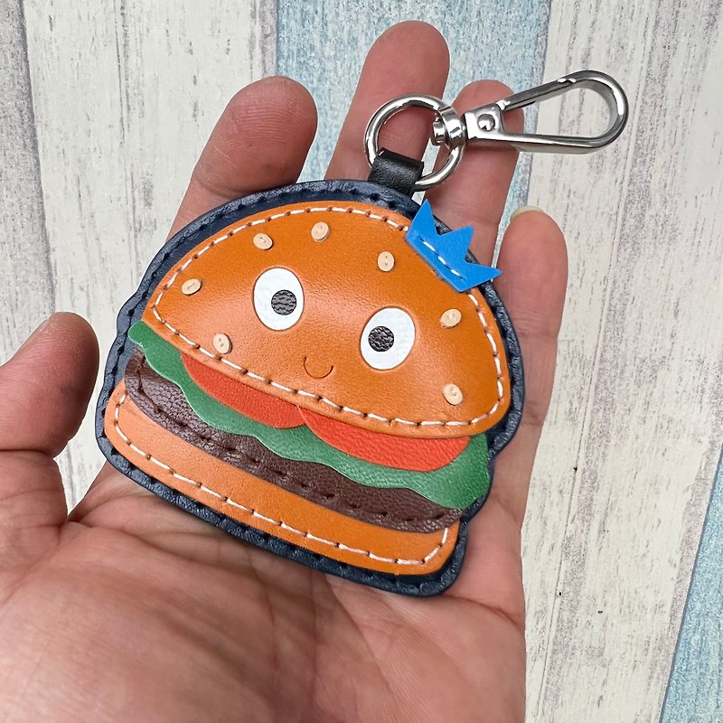 Healing small things orange/blue hamburger hand-stitched leather keychain small size - Keychains - Genuine Leather Orange