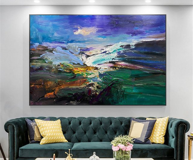 湖と山手描き油絵/抽象/オリジナル商品装飾画吊り絵画廊下リビング