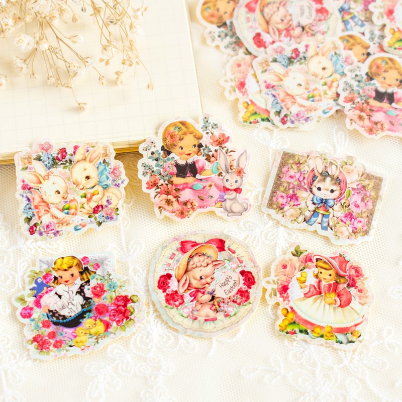 Sticker flakes set - Vintage animal and girl Spring collage - สติกเกอร์ - กระดาษ สึชมพู