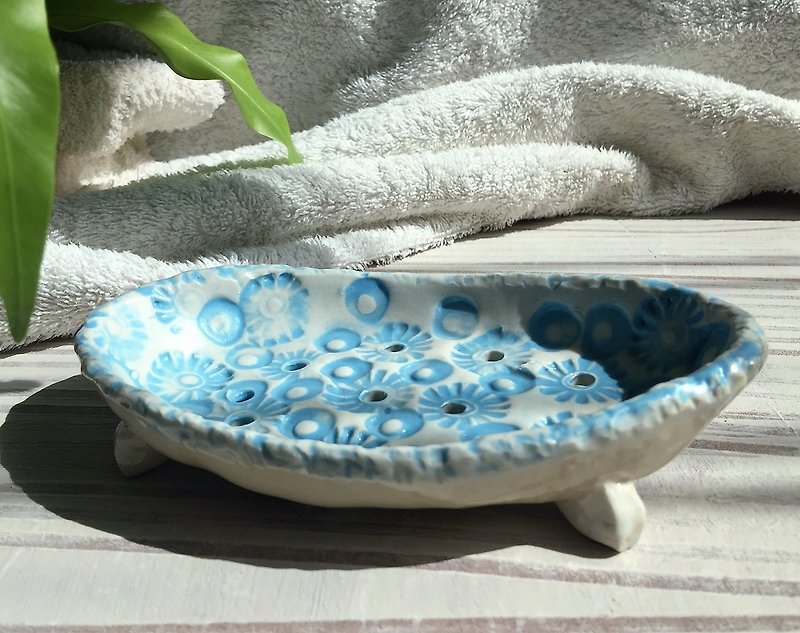 楕円ブループリント装飾セラミックソープディッシュソープディッシュ_ - バス・トイレ用品 - 陶器 ブルー
