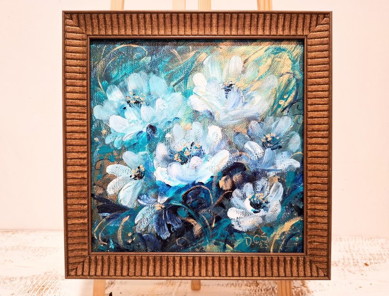 Abstract Flowers Acrylic Painting in Teal, White, Blue, Gold Colors Framed - 壁貼/牆壁裝飾 - 其他材質 多色