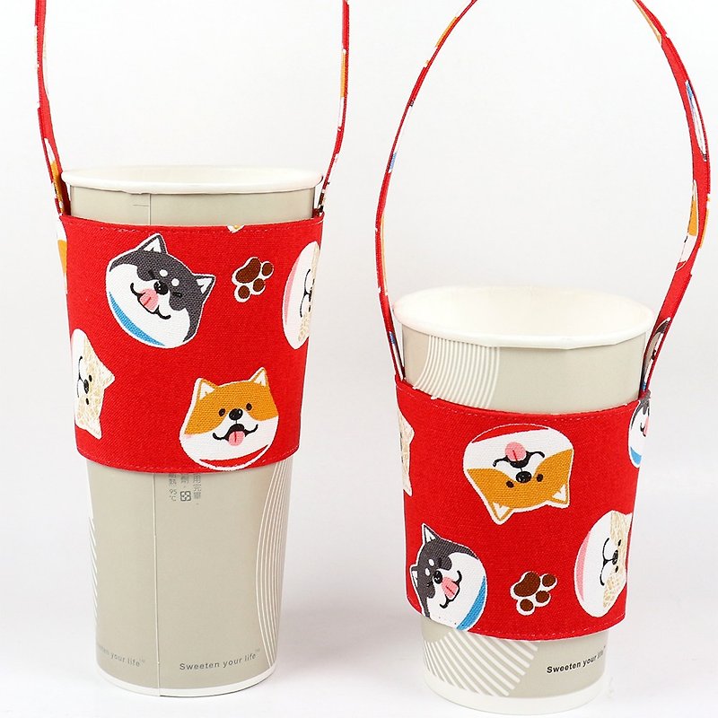 ドリンクカップセットグリーンカップセットバッグ - ラウンドシバ犬（赤） - ドリンクホルダー - コットン・麻 レッド