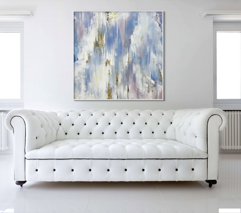 Abstract Blue Gold Oil Painting on Canvas Wall Art for Living Room - ตกแต่งผนัง - ผ้าฝ้าย/ผ้าลินิน สีน้ำเงิน