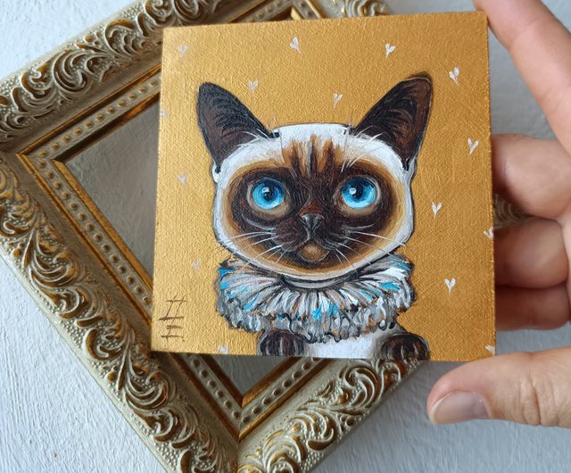 絵画。原画手描【シャム猫たちはデート記念日のためにさくらんぼケーキを用意した】 絵画。原画手描【シャム猫たちはデート記念日のためにさくらんぼ
