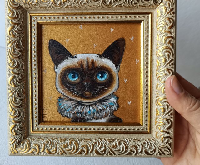 絵画。原画手描き【青リンゴが好きなシャム猫】 絵画 アカザ麦