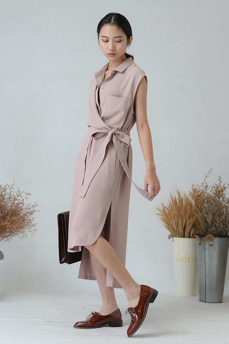 LANZONA 隨意慵懶圍裹綁帶洋裝 - 1A30 - 連身裙 - 聚酯纖維 粉紅色