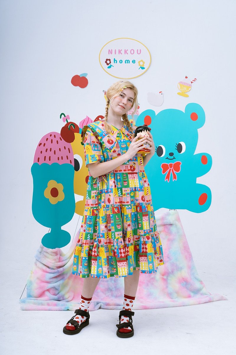 Bear Ice Cream Showa Princess Sleeve Color Dress - ชุดเดรส - ผ้าฝ้าย/ผ้าลินิน หลากหลายสี