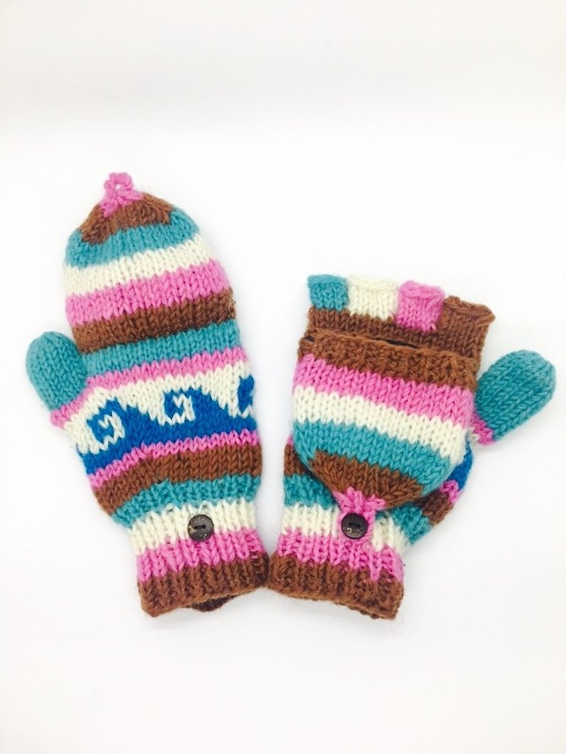 尼泊爾100%wool手工厚針織純羊毛手套-粉x藍x棕 海浪花紋風格 - 手套/手襪 - 羊毛 多色