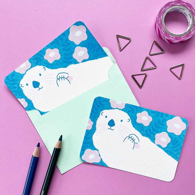 Mini Message Card  with Envelope (set of 3) - Sea Otter - - การ์ด/โปสการ์ด - กระดาษ สีน้ำเงิน