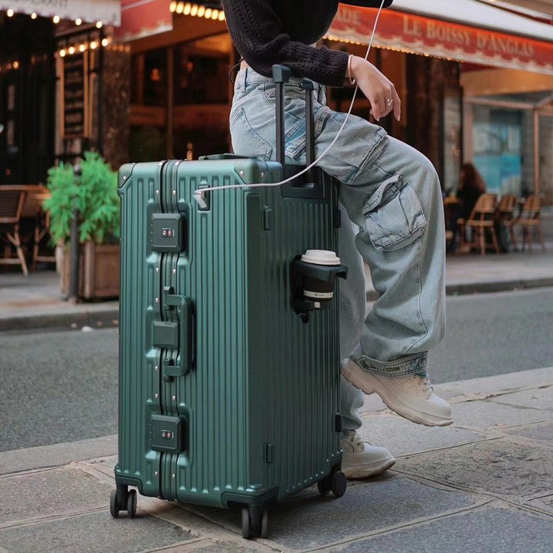 30-inch cup electric suitcase (green/grey) + checked protective case - Luggage & Luggage Covers - Plastic Multicolor