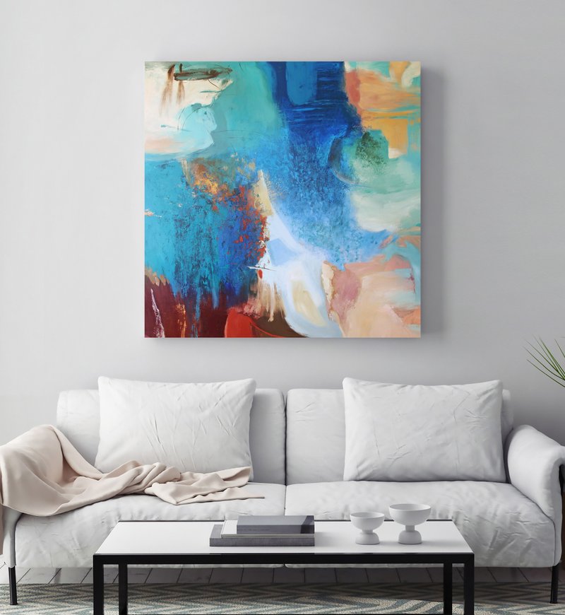 Abstract Blue green Painting | Blue abstract vibrant | Harmony 2 - 壁貼/牆壁裝飾 - 棉．麻 藍色
