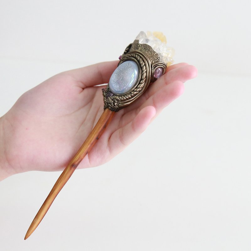 杜松木魔杖-方解石&光環瑪瑙 - 裝飾/擺設  - 水晶 咖啡色