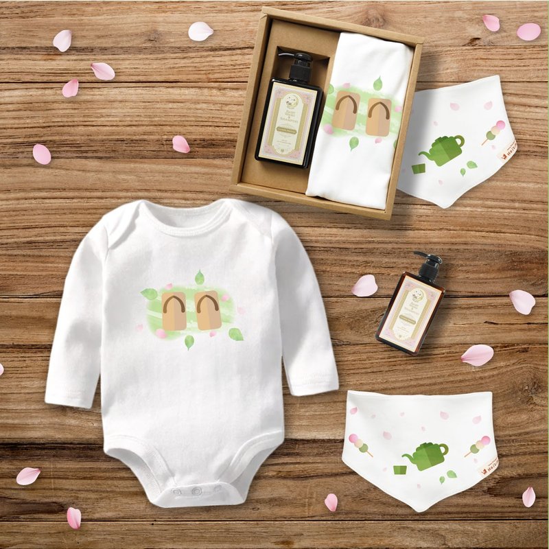 Flower viewing Geta Long Sleeves Baby Bodysuit gift set 3 items - ของขวัญวันครบรอบ - ผ้าฝ้าย/ผ้าลินิน ขาว