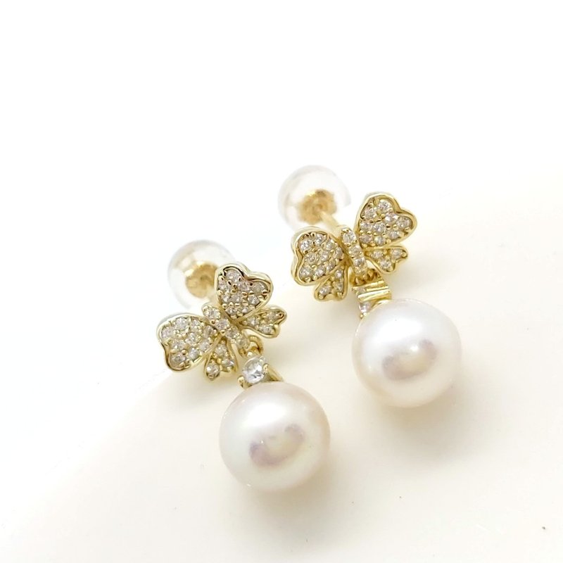 Smart full diamond bow freshwater pearl sterling silver earrings - Earrings & Clip-ons - Pearl 