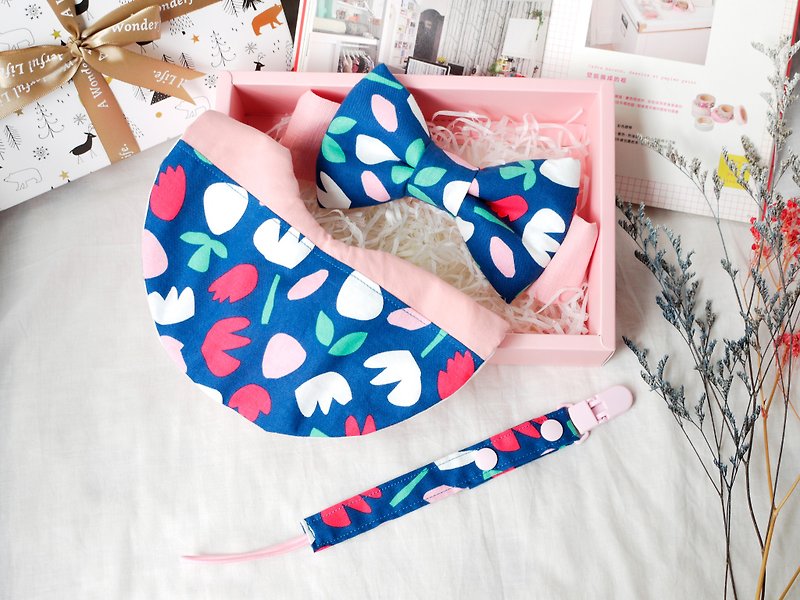 Miyue Gift Box│Six-layer Yarn Towel Baby Bow Pacifier Chain:::Tulip Garden - Baby Gift Sets - Cotton & Hemp Blue