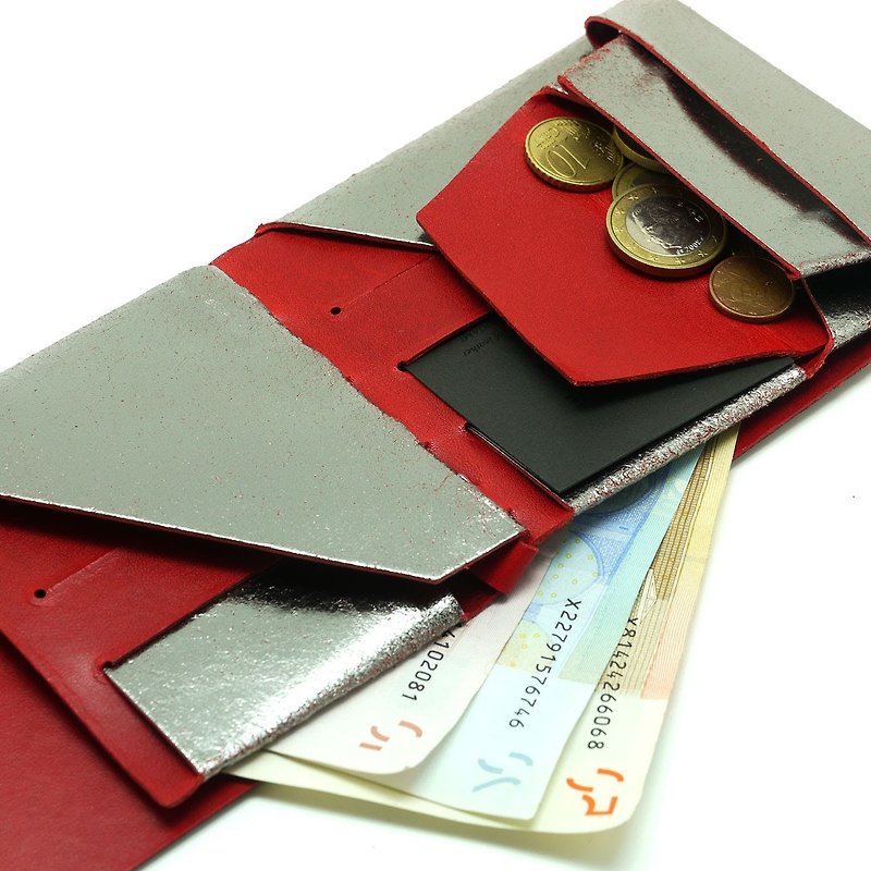 Japanese handmade-made Shosa vegetable tanned cowhide short clip 2.0-fashionable and restrained/silver red - Wallets - Genuine Leather 