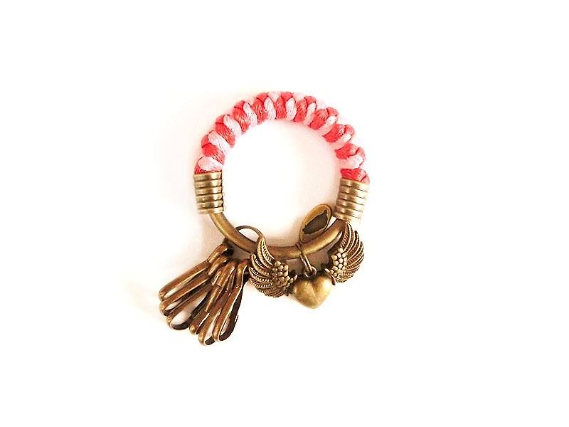 [UNA-Yona Handmade] Key ring (small) 5.3CM red + pink + love wings hand-woven wax rope hoop customized - ที่ห้อยกุญแจ - โลหะ สีแดง