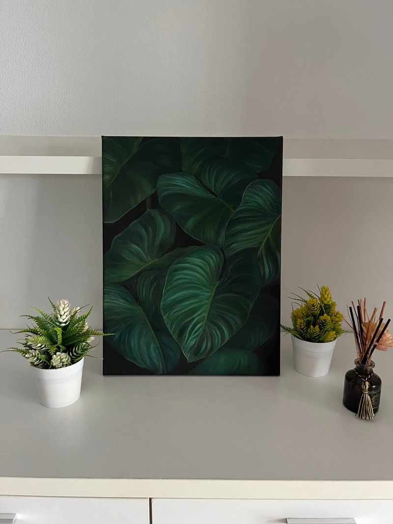 Original Oil Painting 30x40 Cm Tropical Plant - Dark Art Bright Green Leaves - 壁貼/牆壁裝飾 - 棉．麻 綠色