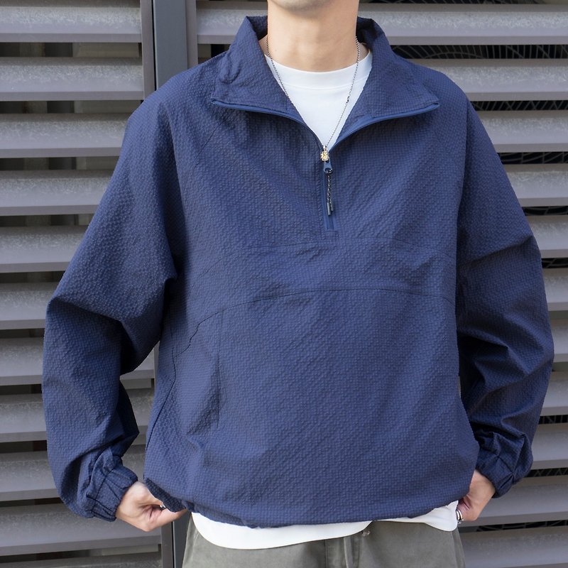OUTER Japanese light-texture seersucker fabric jacket outdoor plaid half-zip lapel windbreaker - Men's Coats & Jackets - Cotton & Hemp Blue