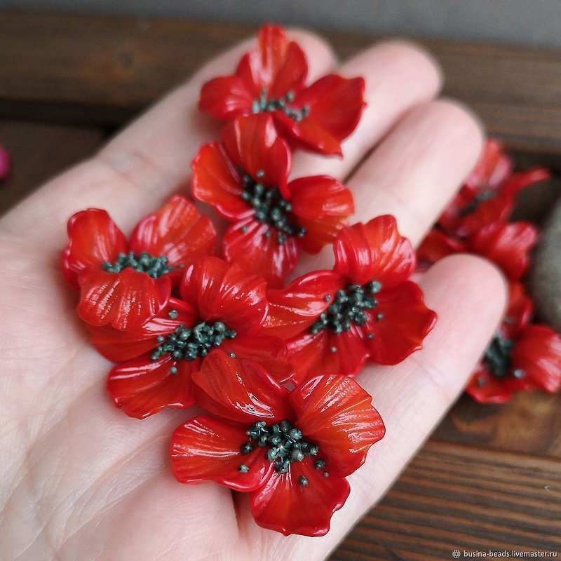 Red flower beads, Glass flowers for Jewelry DIY, Handmade Lampwork Red Poppy - งานเซรามิก/แก้ว - แก้ว สีแดง