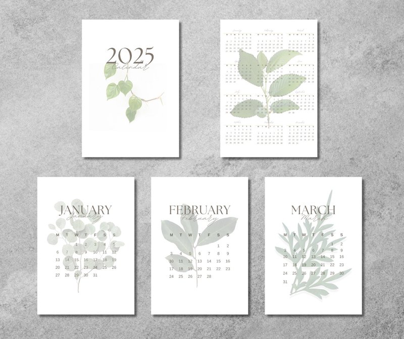 植物カレンダー 2025、ホワイト背景、垂直、月曜日始まり、デジタル ダウンロード - 似顔絵・イラスト・挿絵 - その他の素材 