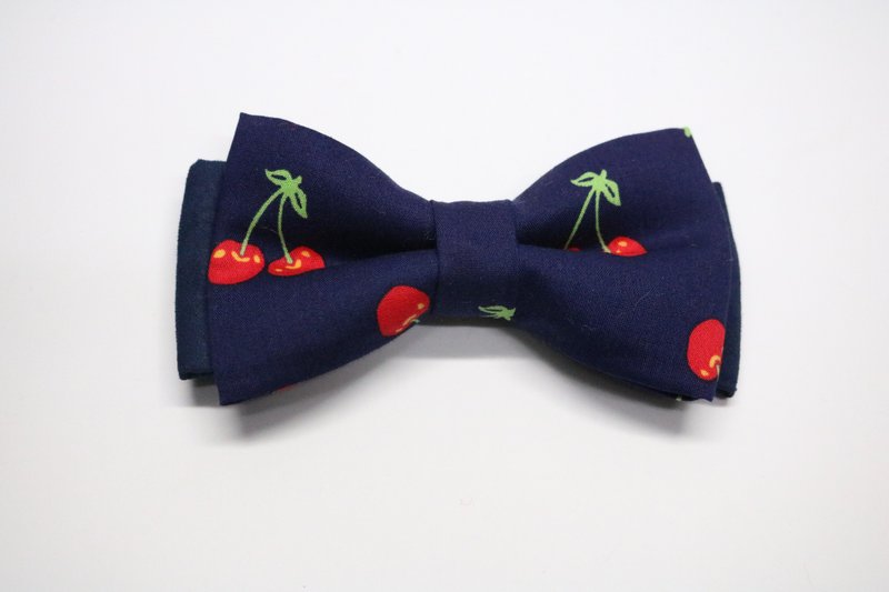 蓝色樱桃双层领结/文青百搭蝴蝶结 - 領結/領巾 - 棉．麻 藍色