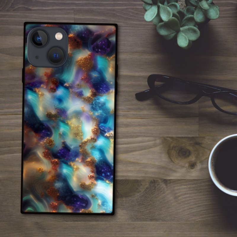 色鮮やかな金色やブルーに銀河が輝く神秘的な宇宙 スクエア型スマホケース【強化ガラス仕上げ】iPhone16 対応 - 手機殼/手機套 - 塑膠 多色