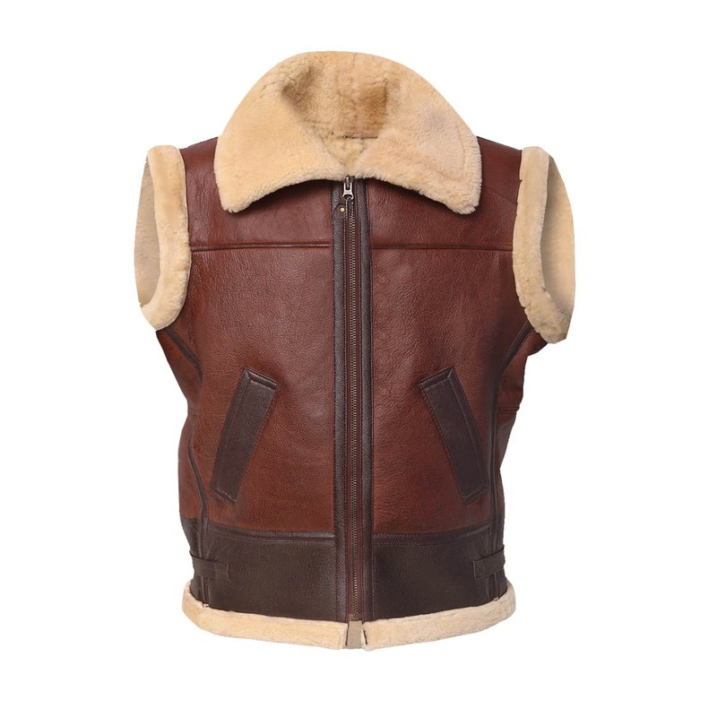 Sherpa Lined Leather Vest - เสื้อกั๊กผู้ชาย - หนังแท้ สีนำ้ตาล